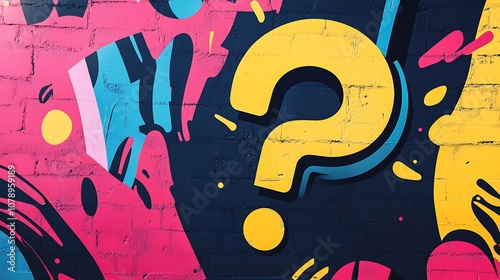 A large yellow question mark painted on a brick wall with colorful abstract shapes.