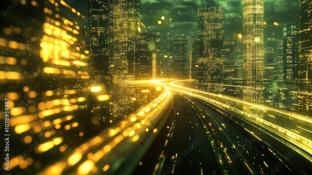Futuristic cityscape with glowing lights and roads. Futuristic cityscape with glowing lights and roads.