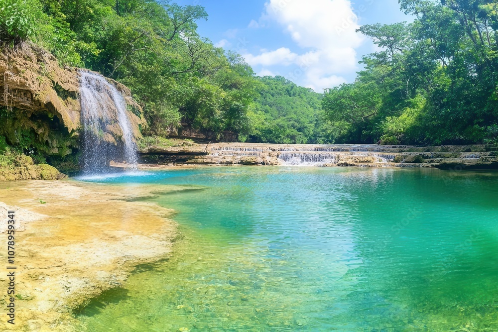 Fototapeta premium Fresh river water dream destination. River with cascading waterfalls and freshwater pools, inviting destination for adventure and relaxation