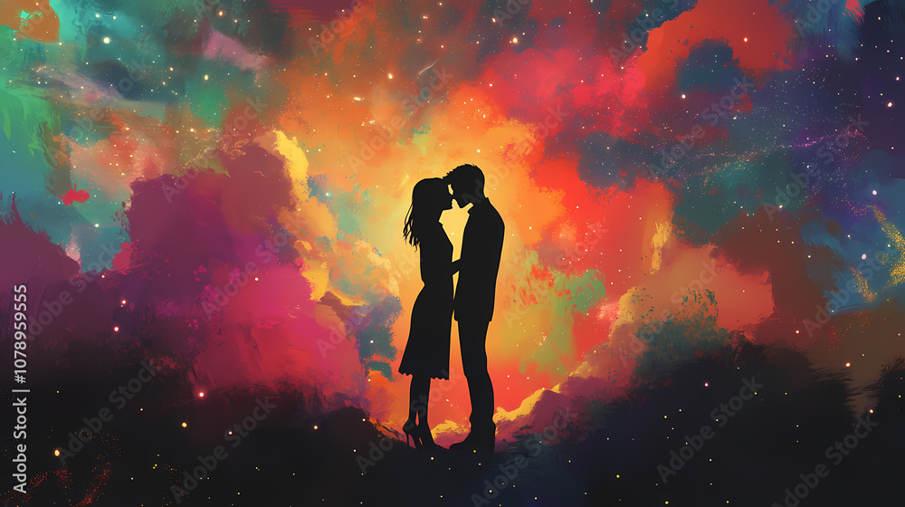 A romantic silhouette of a couple against a colorful cosmic backdrop, conveying love and connection in a celestial setting. Romantic. Illustration A romantic silhouette of a couple against a colorful cosmic backdrop, conveying love and connection in a celestial setting. Romantic. Illustration