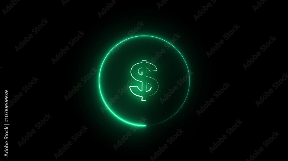 Glowing neon Doller icon whit rectangle animation and circle on black background. Glowing neon Doller icon whit rectangle animation and circle on black background.