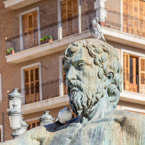 Pigeon on the head of the man sculpture of the historic fountain representing the Turia river at Plaza de la Virgen in Valencia Spain. photo