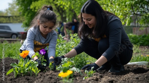 Mother and Daughter Planting Flowers in Garden