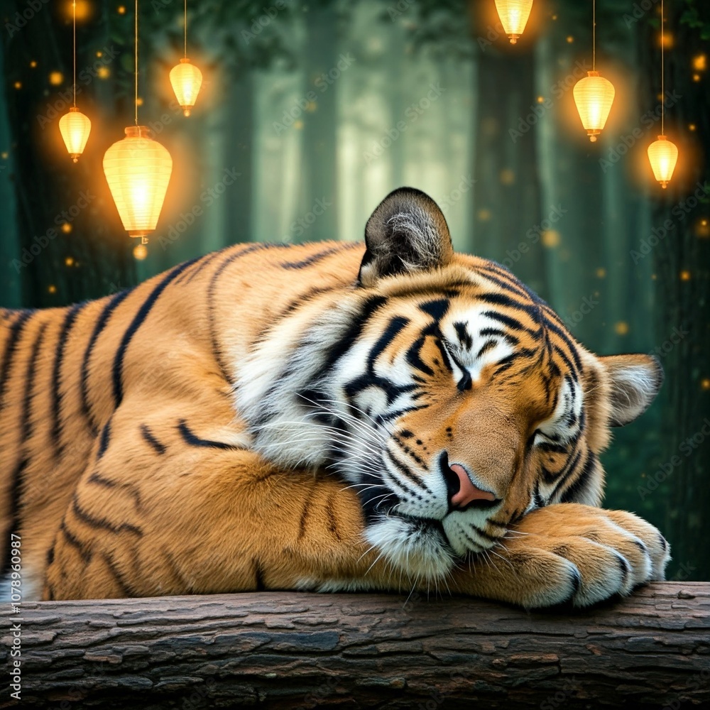 Obraz premium Tiger sleep in jungle Beautiful colourful lights nature
