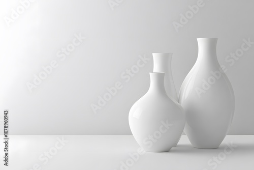 minimalist decor of white vases in a modern interior with floral arrangement, representing simplicity, elegance and minimal design with white background