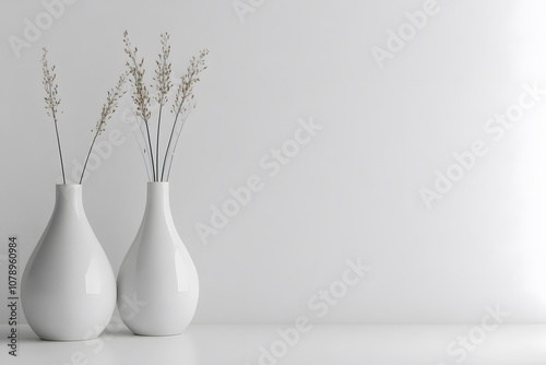 minimalist decor of white vases in a modern interior with floral arrangement, representing simplicity, elegance and minimal design with white background