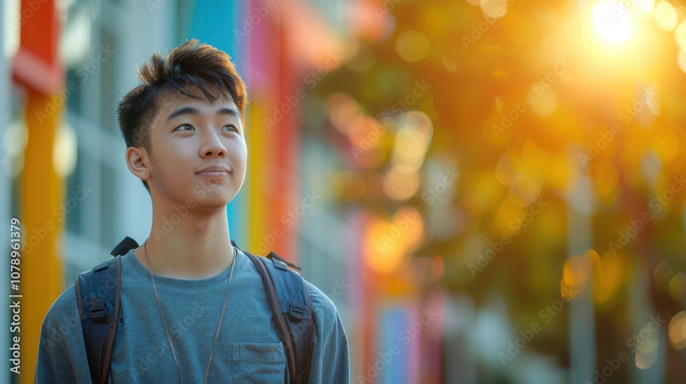 Fototapeta premium A backdrop of diverse colors illuminates an Asian student's introspective expression, marking his educational achievements