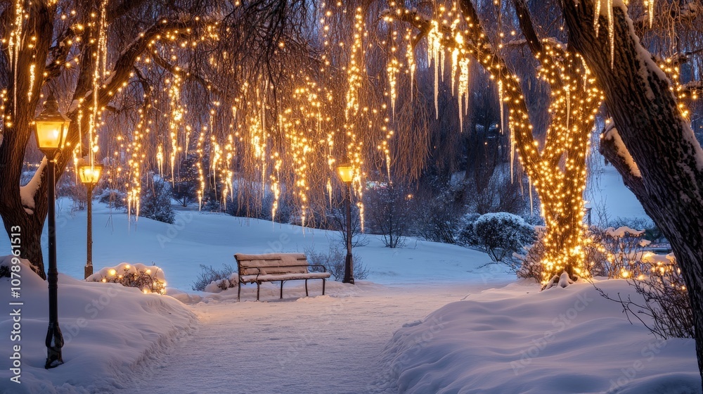 Enchanting winter wonderland with snowy path and illuminated trees Enchanting winter wonderland with snowy path and illuminated trees