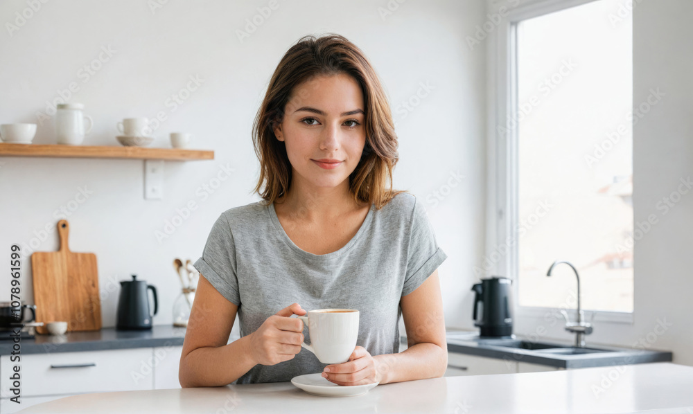 A woman sits at her kitchen counter, enjoying a cup of coffee on a sunny morning A woman sits at her kitchen counter, enjoying a cup of coffee on a sunny morning