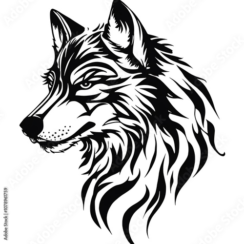 a black and white drawing of a wolfs head