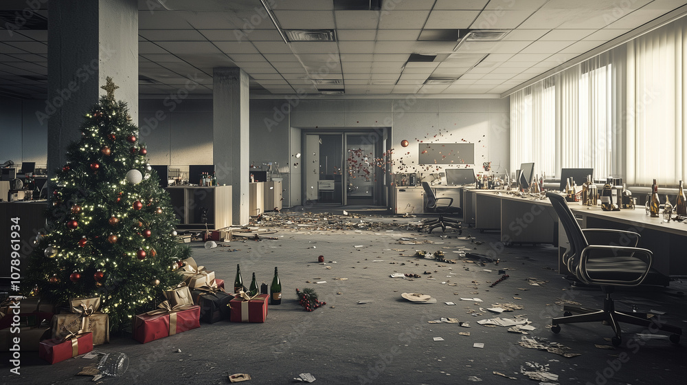 custom made wallpaper toronto digitalA modern office looks untidy after a wild Christmas party, with discarded decorations, bottles and glasses strewn about, wide landscape 16:9 with copy space