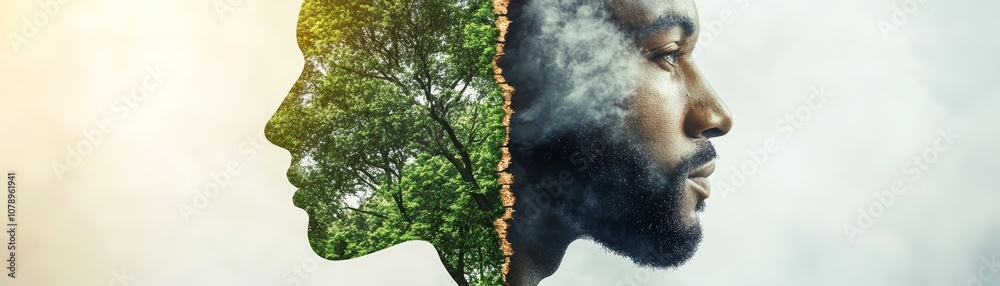 Fototapeta premium Man and nature in harmony, surreal portrait of a with tree growing from his face, representing growth environmental connection
