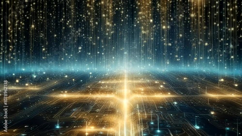 A mesmerizing digital landscape features glowing circuitry, illuminated lines, and a starry background, evoking a sense of futuristic technology.