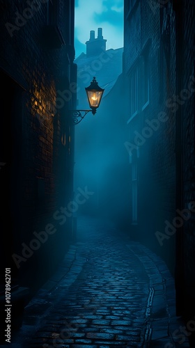 A street in the Victorian era of London, a dark and sinister alleyway at night, cobblestone streets with brick buildings
