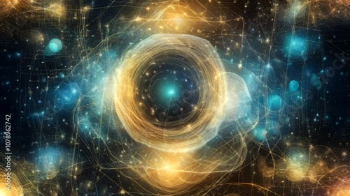 A mesmerizing blend of golden and blue light, illustrating cosmic energy waves and abstract patterns in a digital cosmos.