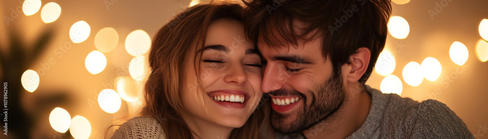 Happy couple smiling together in cozy setting with warm lights, capturing joyful moment of love and connection Happy couple smiling together in cozy setting with warm lights, capturing joyful moment of love and connection