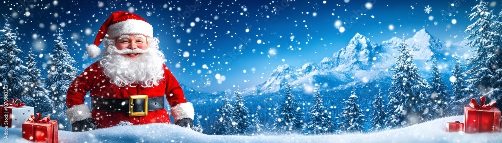 Jolly santa claus in a snowy wonderland a festive christmas scene with overflowing gifts Jolly santa claus in a snowy wonderland a festive christmas scene with overflowing gifts