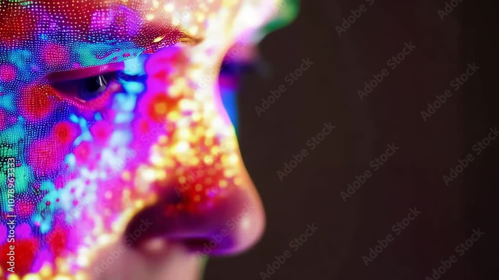 Close-up of a person's face with colorful abstract glowing lights, creating a futuristic and psychedelic effect.