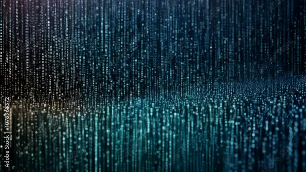 This captivating visual features luminous particles resembling digital rain against a dark background, creating a mesmerizing and dynamic atmosphere.