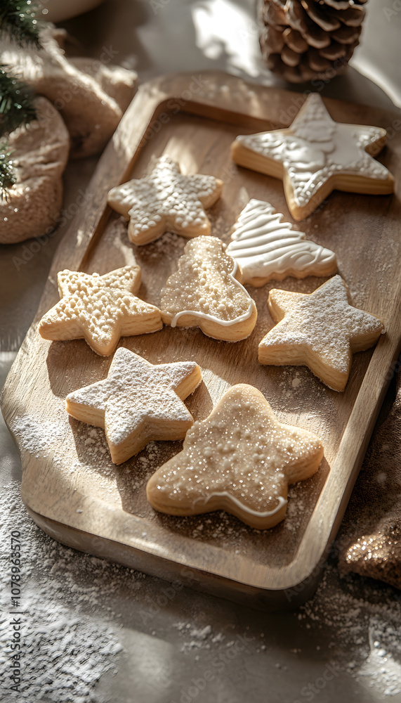 Festive holiday star-shaped cookies with powdered sugar on a rustic wooden background, ideal for Christmas baking themes.

