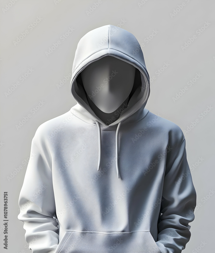 A white hooded sweatshirt with a drawstring and pocket, worn by an unseen model.