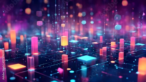 A vibrant, abstract digital scene filled with glowing geometric shapes and a captivating interplay of colors and depth.