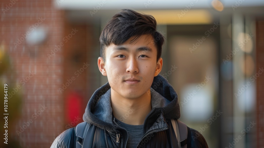 A backdrop of diverse colors illuminates an Asian student's introspective expression, marking his educational achievements A backdrop of diverse colors illuminates an Asian student's introspective expression, marking his educational achievements