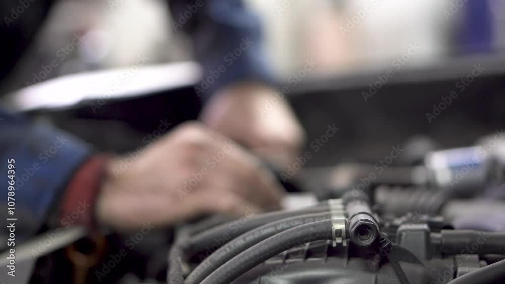 Car mechanic using wrench to repair the engine, auto service. Car mechanic at a service station repairs a car. Car repair and diagnostics Garage. Auto service.Car maintenance concept