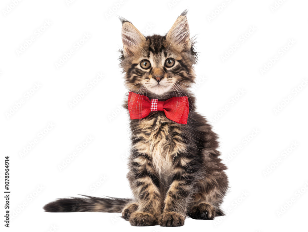 Obraz premium Adorable tabby cat with a red bow tie, sitting on a transparent background.