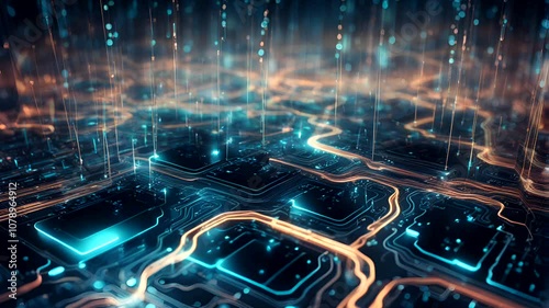 A vibrant digital circuit board showcasing glowing connections and intricate patterns, representing advanced technology and innovation in electronics.