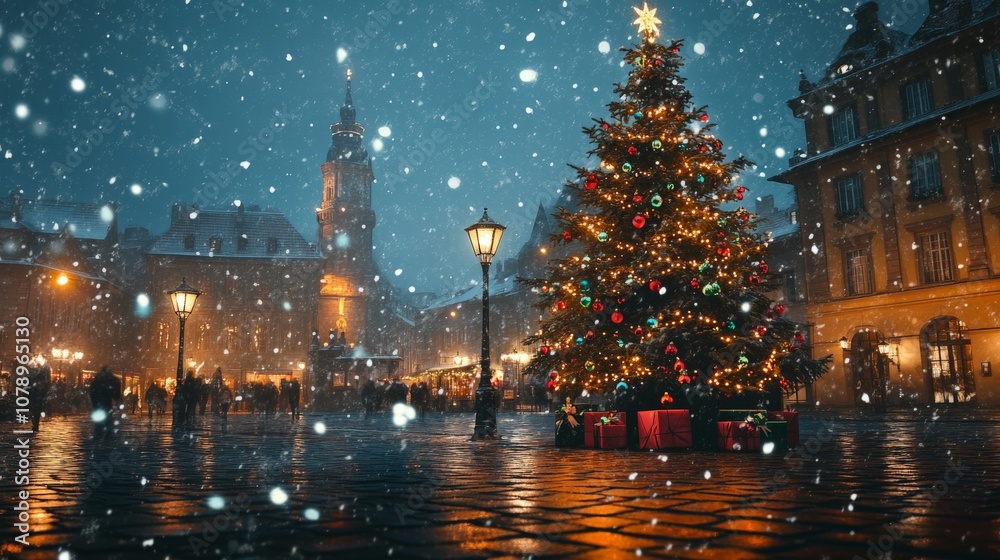 Naklejka premium Festive christmas market at night with a decorated tree and snowy atmosphere