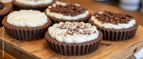 Close-up of Delicious Chocolate Tarts with Whipped Cream and Chocolate Sprinkles