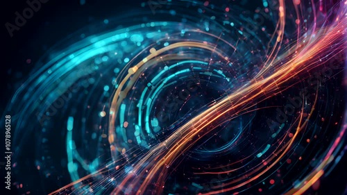 Vivid trails of light swirl and intertwine, creating a captivating visual experience in a modern digital design.