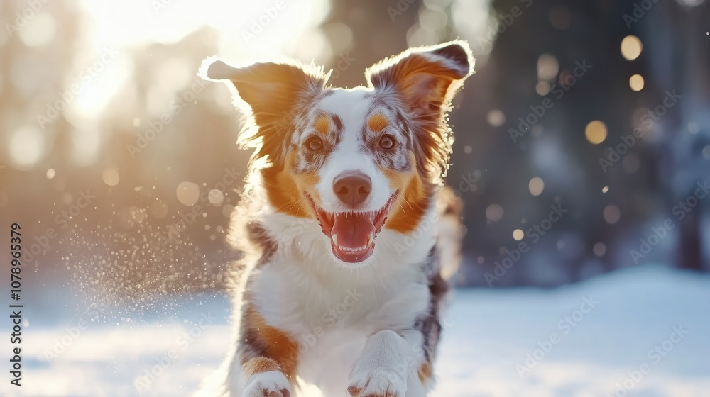 Obraz premium A happy dog runs through the snow on a sunny day