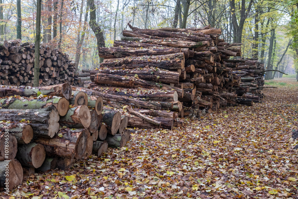 Large pile of logs stacked in forest during autumn Large pile of logs stacked in forest during autumn