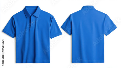 Product mockup and ads, blue polo style T shirt displayed from front and back views, showcasing its vibrant color and classic design. Perfect for casual wear or sports activities