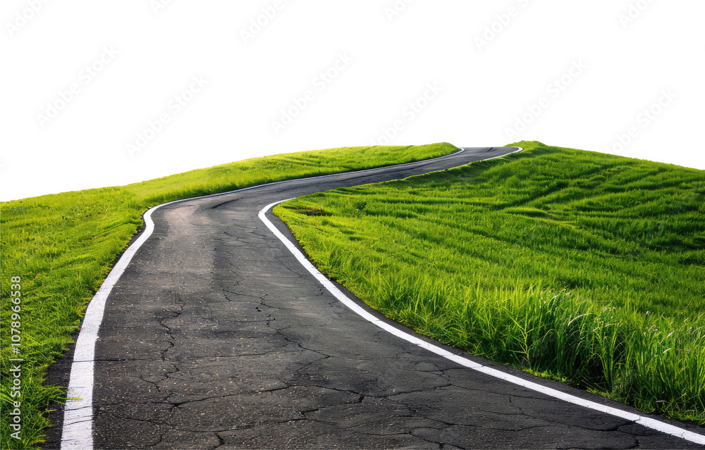 Asphalt road curving through a lush green landscape on a transparent background. Asphalt road curving through a lush green landscape on a transparent background.