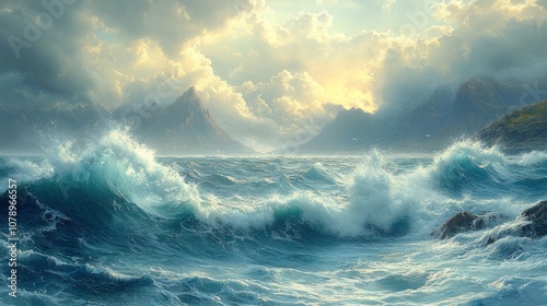 Serene ocean waves crashing against distant mountains under cloudy sky.