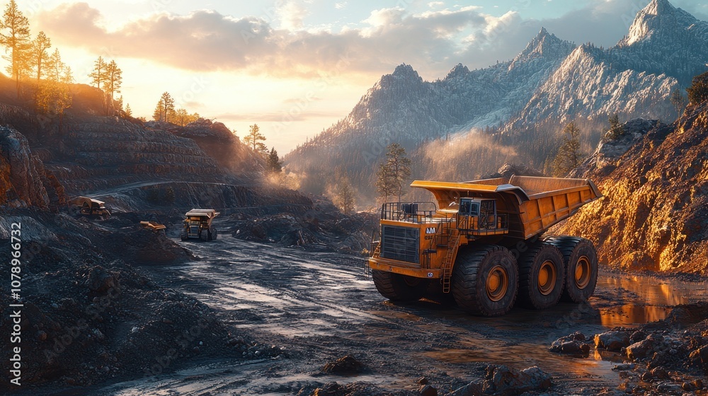 Heavy machinery operating in a mountainous mining landscape at sunset. Heavy machinery operating in a mountainous mining landscape at sunset.
