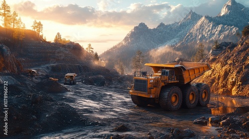 Heavy machinery operating in a mountainous mining landscape at sunset.