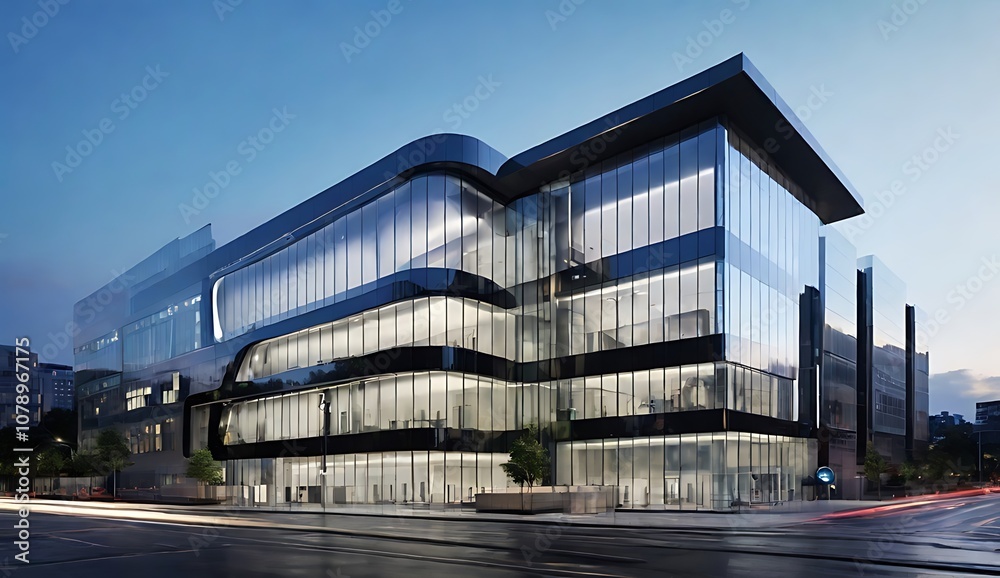 Modern Glass and Steel Office Building at Dusk Modern Glass and Steel Office Building at Dusk
