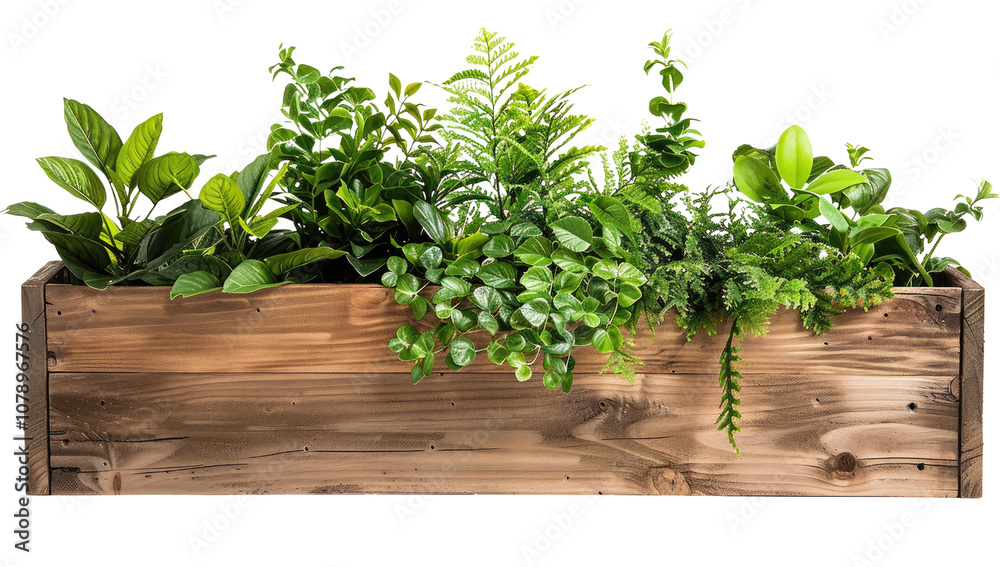 Fototapeta premium Wooden planter box filled with various green plants on a transparent background.