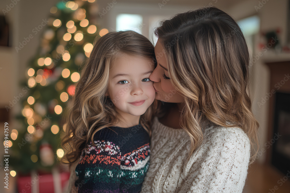 A mother lovingly kisses her young daughter in front of a festive Christmas tree, celebrating holiday moments A mother lovingly kisses her young daughter in front of a festive Christmas tree, celebrating holiday moments