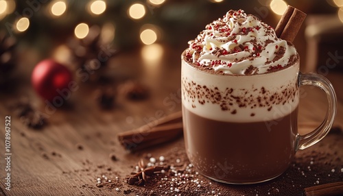 Cozy Festive Hot Chocolate with Whipped Cream and Cinnamon on a Rustic Background