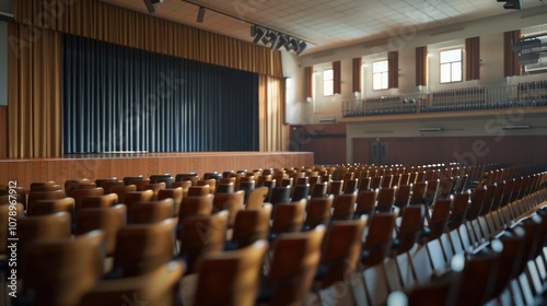 A school auditorium with neatly arranged chairs and a stage ready for a performance