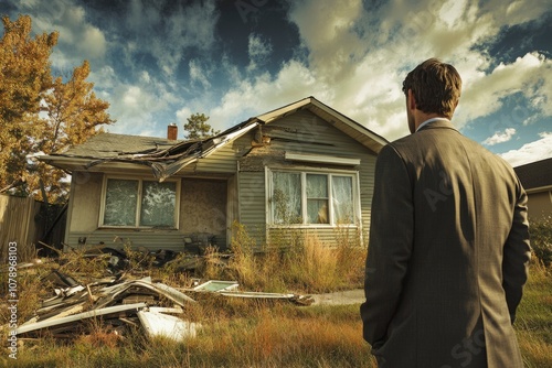 A man in a suit stands before a dilapidated house. The scene conveys deep nostalgia and reflection. Nature reclaims what was once home. Generative AI photo