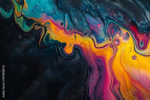 a close up of a colorful fluid painting on a black background