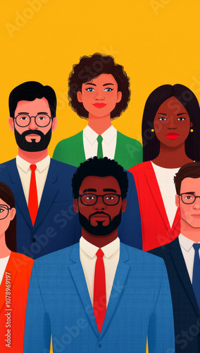 diverse group of six professionals standing together, showcasing unity and collaboration against bright yellow background. Their expressions convey confidence and teamwork