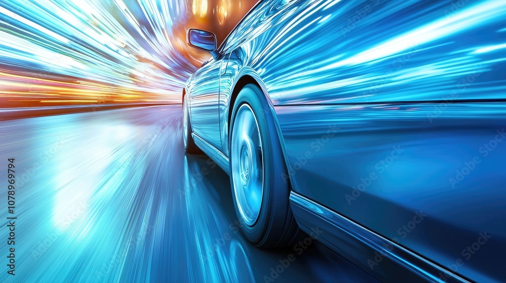 Dynamic motion blur of a sleek car on a colorful city street at night. Dynamic motion blur of a sleek car on a colorful city street at night.