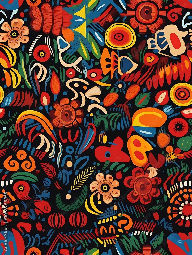a close up of a colorful pattern of flowers and birds